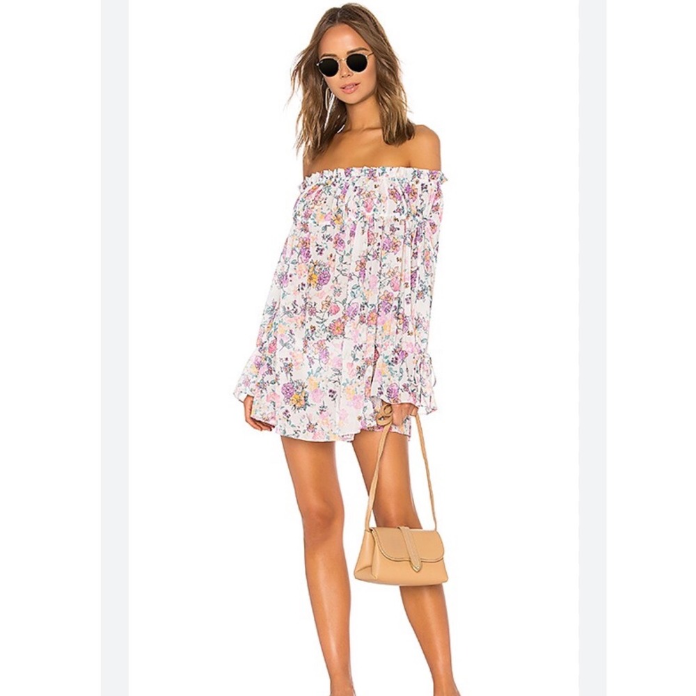 Tularosa Brogan Floral Off The Shoulder Bell Sleeve Mini Dress XL White Pink